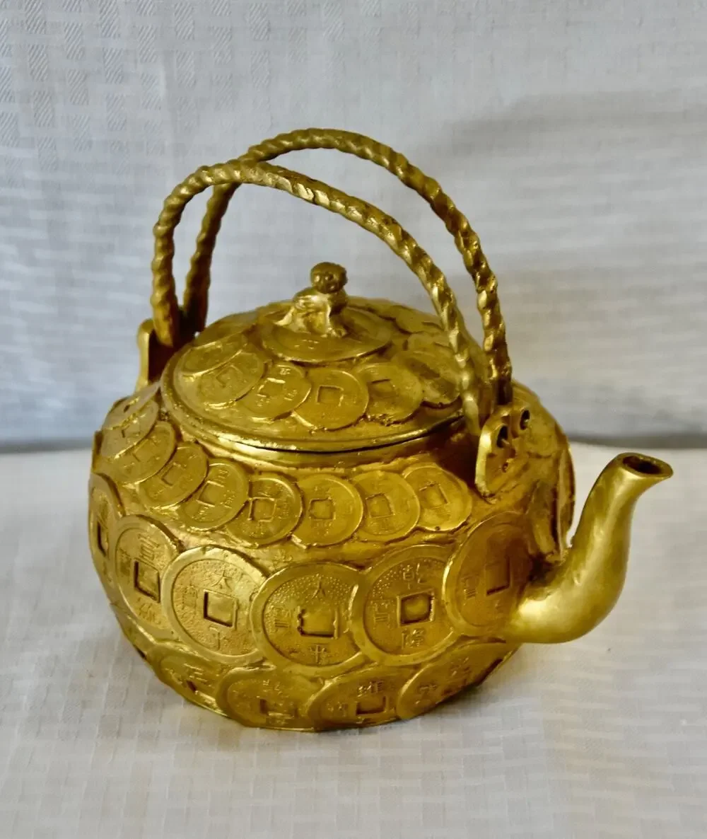 Chinese Coin Teapot Foo Dog Money Buddhist Double Handle Teapot Art Decor